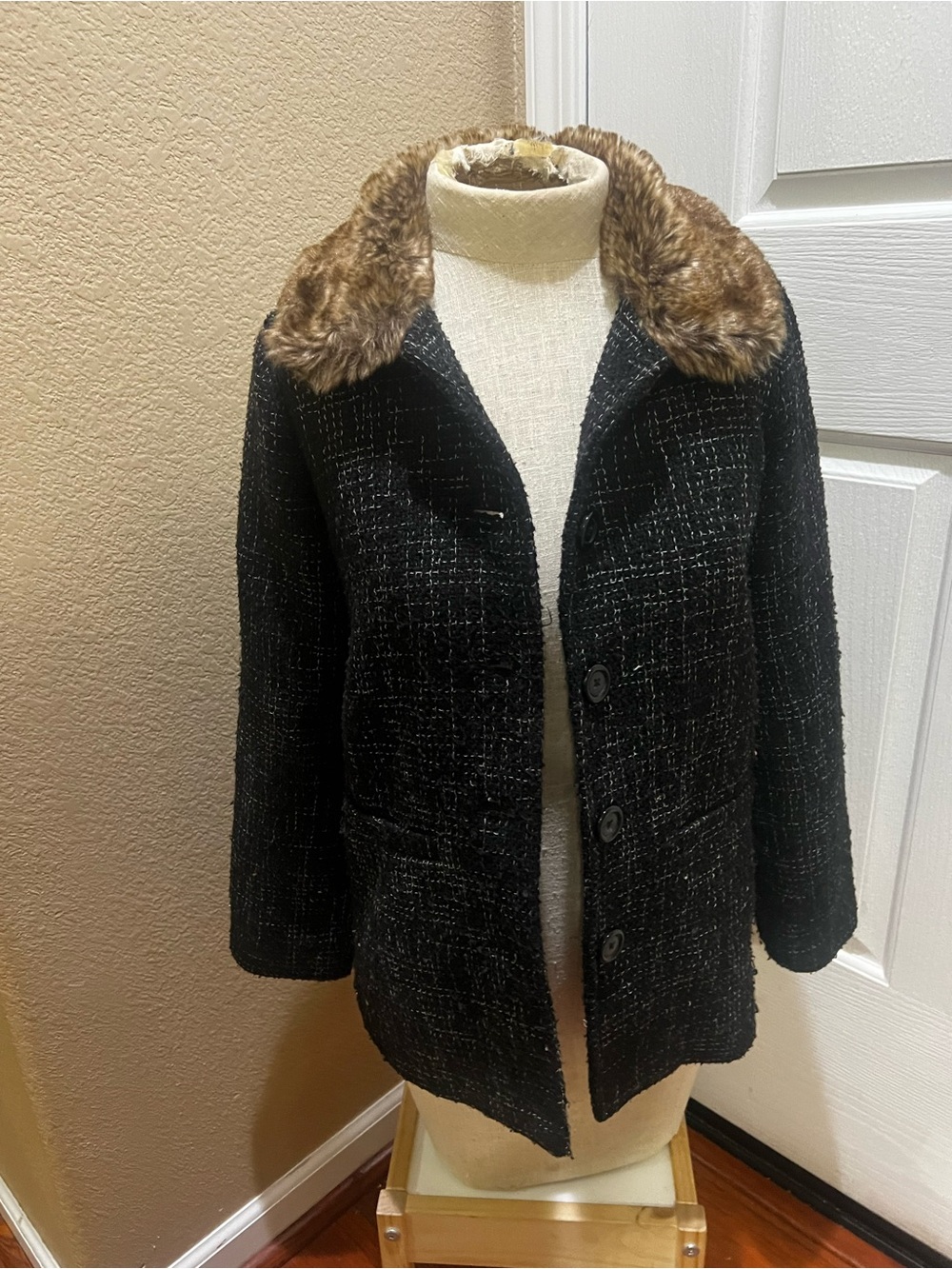 GapKids Girls XL Black White Tweed Coat Faux Fur Collar Winter Jacket